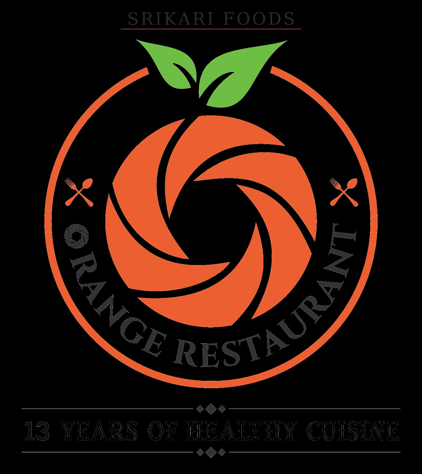 Official Orange Restaurant logo: an orange with green leaves, Srikari Foods, 13 years of healthy cuisine