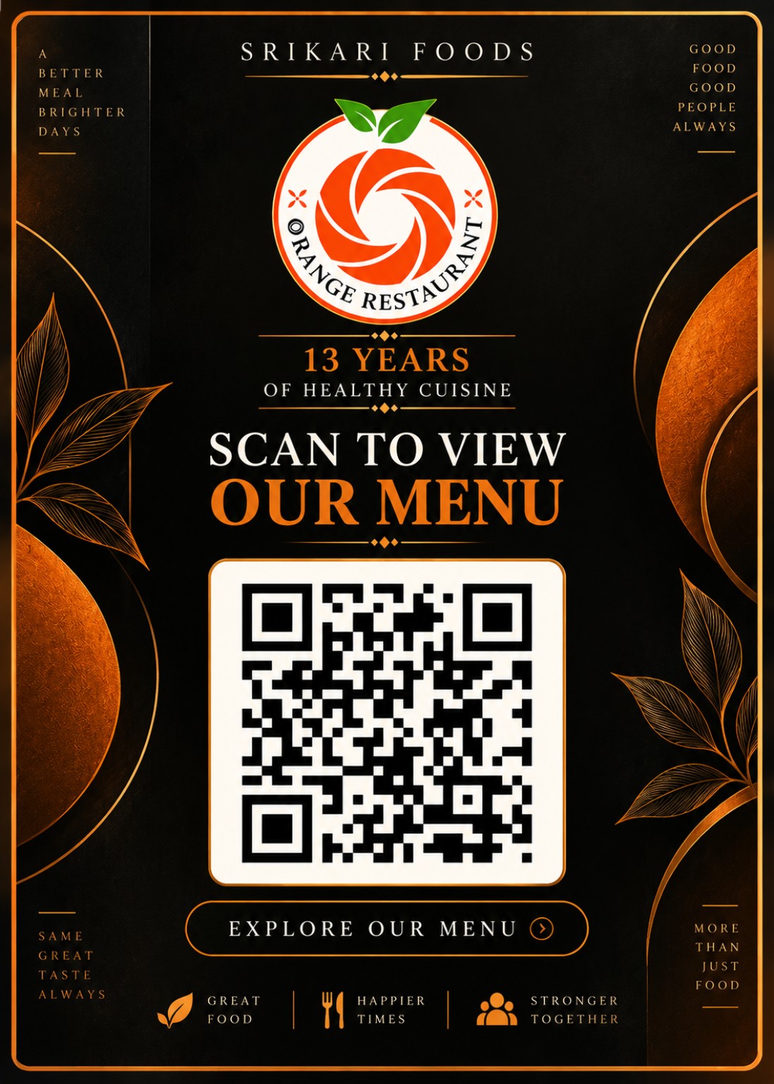 Official Orange Restaurant menu QR code. Scan to view our menu.
